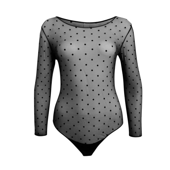 Spanx Long Sleeve Top Mesh Polka Dot Sheer Bodysuit | Size Large in Black (NWT) - Picture 2 of 10